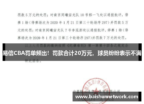 易信CBA罚单频出！罚款合计20万元，球员纷纷表示不满